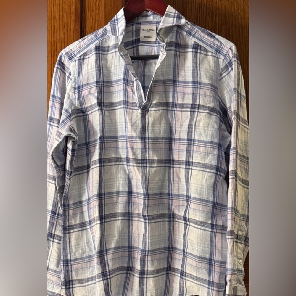 Baird McNutt Murano 100% Irish Linen Plaid V-neck Pullover Preppy Pastel Casual